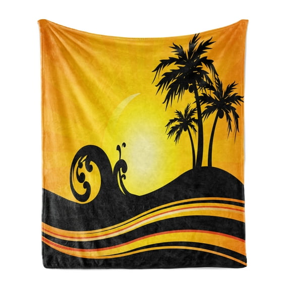 Beach Soft Flannel Fleece Blanket, Summer Holiday Themed Wave and Tree Silhouette Sun Rays Tropical Composition, Cozy Plush for Indoor and Outdoor Use, 50" x 70", Black Orange Yellow, by Ambesonne