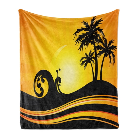 Beach Soft Flannel Fleece Blanket, Summer Holiday Themed Wave and Tree Silhouette Sun Rays Tropical Composition, Cozy Plush for Indoor and Outdoor Use, 70" x 90", Black Orange Yellow, by Ambesonne