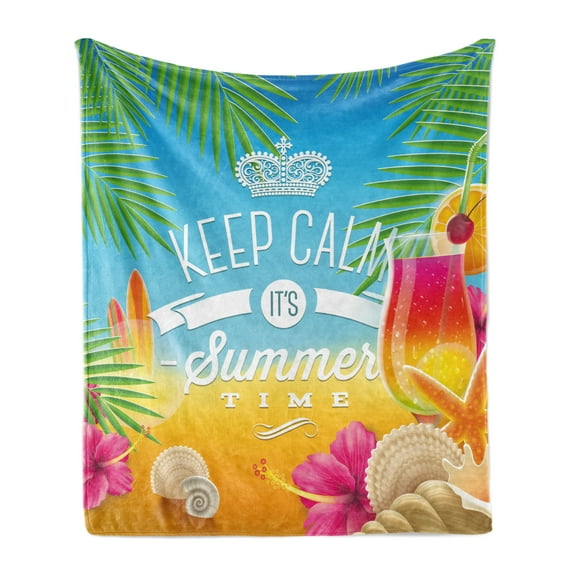 Beach Soft Flannel Fleece Blanket, Its Summer Time Colorful Tropic Arrangement Surfing Holiday Exotic Palm Tree Pattern, Cozy Plush for Indoor and Outdoor Use, 50" x 60", Multicolor, by Ambesonne