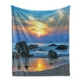 thumbnail image 1 of Beach Soft Flannel Fleece Blanket, Sunset Scenery in Sandy Beach with Rocks and Waves Lonely Peace Morning Dream Earth, Cozy Plush for Indoor and Outdoor Use, 60" x 80", Blue Yellow, by Ambesonne, 1 of 5