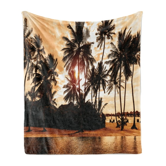 Beach Soft Flannel Fleece Blanket, Tropic Ocean Sea Love Bora Bora Island Palms Art Scenery View in Sunset Colors, Cozy Plush for Indoor and Outdoor Use, 70" x 90", Orange and Brown, by Ambesonne