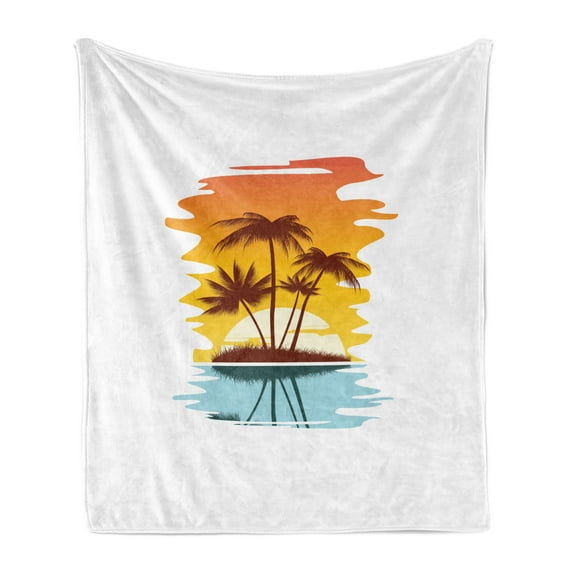 Beach Soft Flannel Fleece Blanket, Tropical Abstract Background with Palm Trees and Sunset Ocean Coastline, Cozy Plush for Indoor and Outdoor Use, 50" x 70", Orange Pale Blue Brown, by Ambesonne