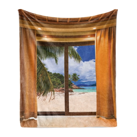 Beach Soft Flannel Fleece Blanket, Tropical Exotic Seashore View from Window with Curtains Summer Island Ocean Picture, Cozy Plush for Indoor and Outdoor Use, 70" x 90", Amber Beige, by Ambesonne
