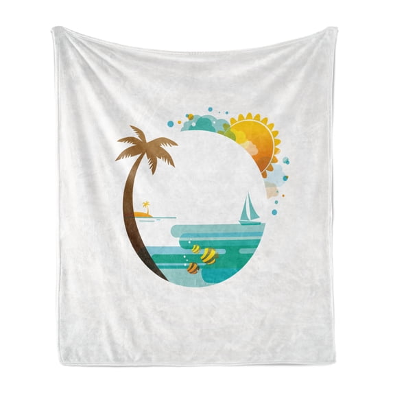 Beach Soft Flannel Fleece Blanket, Tropical Paradise Summer Season Palm Tree Silhouette with Fish and Sun, Cozy Plush for Indoor and Outdoor Use, 50" x 70", Turquoise Marigold Brown, by Ambesonne