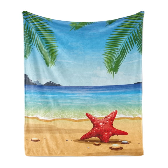 Beach Soft Flannel Fleece Blanket, Tropical Beach Pattern with Starfish Ocean Palm Trees and Sun Rays Romantic Tourism, Cozy Plush for Indoor and Outdoor Use, 70" x 90", Multicolor, by Ambesonne