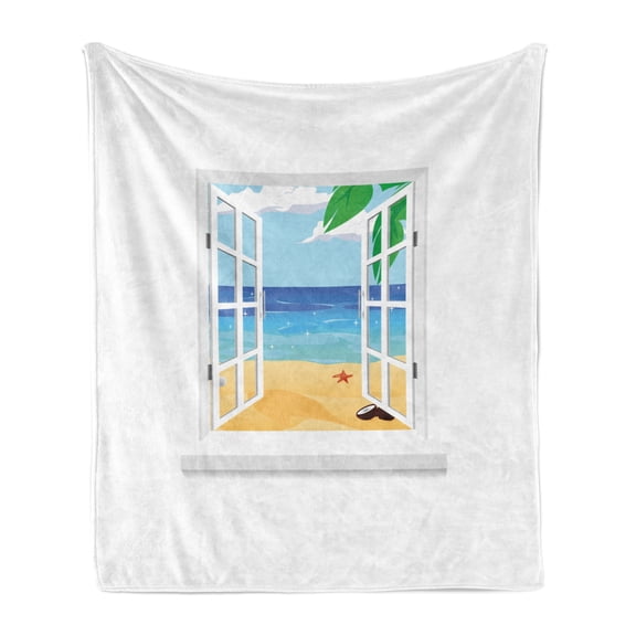 Beach Soft Flannel Fleece Blanket, View from Window Ocean with Coconut Leaves Starfish Cartoon Illustration, Cozy Plush for Indoor and Outdoor Use, 60" x 80", Blue Sand Brown White, by Ambesonne