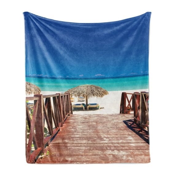 Beach Soft Flannel Fleece Blanket, Walkway Heads to Sandy Beach Resort in Cuba Summer Day Hot Burnt Ocean, Cozy Plush for Indoor and Outdoor Use, 50" x 60", Chocolate Navy Turquoise, by Ambesonne