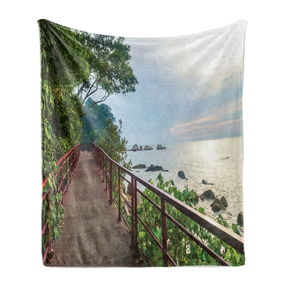 Beach Soft Flannel Fleece Blanket, Walkway and Jogging Track by Sea in Cinque Terre Italian Mediterranean Vacation, Cozy Plush for Indoor and Outdoor Use, 60" x 80", Green Chocolate, by Ambesonne