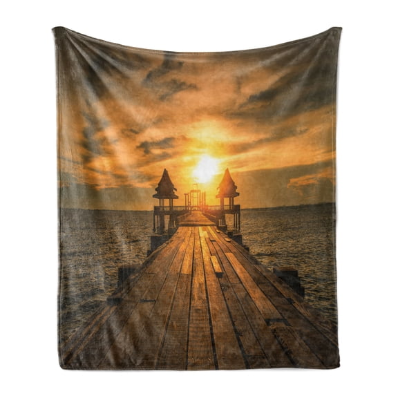 Beach Soft Flannel Fleece Blanket, Wooden Dock Serene Bangkok Bay Morning Sunshine and Ocean Picture Print, Cozy Plush for Indoor and Outdoor Use, 50" x 70", Dark Blue Yellow Brown, by Ambesonne