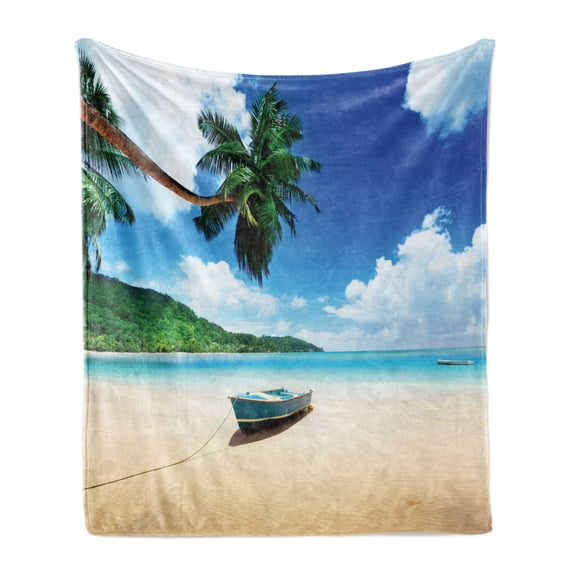Beach Soft Flannel Fleece Throw Blanket, Boat on the Beach Mahe Island Lagoon Seychelles Exotic Shoreline Image, Cozy Plush for Indoor and Outdoor Use, 50" x 70", Blue Green Sand Brown, by Ambesonne