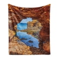 thumbnail image 1 of Beach Soft Flannel Fleece Throw Blanket, Cavern Rocks by Pacific Waters with Australian Sea and Sky Landscape Road, Cozy Plush for Indoor and Outdoor Use, 50" x 60", Cream Blue, by Ambesonne, 1 of 5