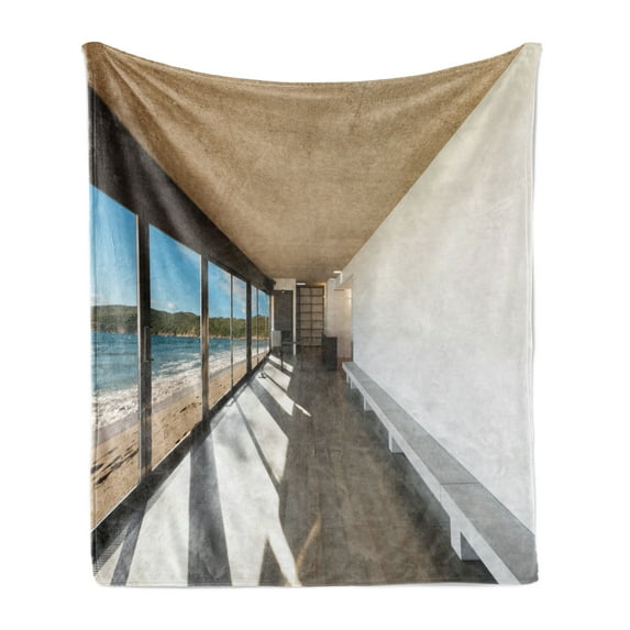 Beach Soft Flannel Fleece Throw Blanket, Coastal Home Design with Ocean Sea Waves Sand Image Art Print, Cozy Plush for Indoor and Outdoor Use, 50" x 60", Pale Brown Sky Blue, by Ambesonne