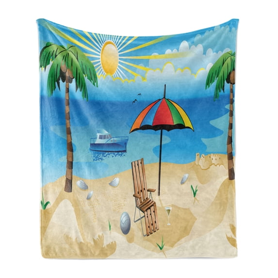 Beach Soft Flannel Fleece Throw Blanket, Colorful Cartoon Style Coast Pattern Boat Rainbow Umbrella Open Skyline Palm Tree, Cozy Plush for Indoor and Outdoor Use, 60" x 80", Multicolor, by Ambesonne