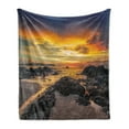 thumbnail image 1 of Beach Soft Flannel Fleece Throw Blanket, Colorful Majestic Sunrise Sky over Ocean with Rock Calm Seacoast Photo, Cozy Plush for Indoor and Outdoor Use, 50" x 70", Blue Orange Cream, by Ambesonne, 1 of 5