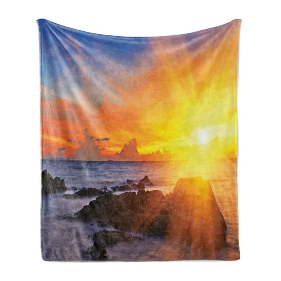 Beach Soft Flannel Fleece Throw Blanket, Colorful Sunset Romance in the Sky at Tropic Fantasy Landscape Print, Cozy Plush for Indoor and Outdoor Use, 70" x 90", Orange Blue, by Ambesonne