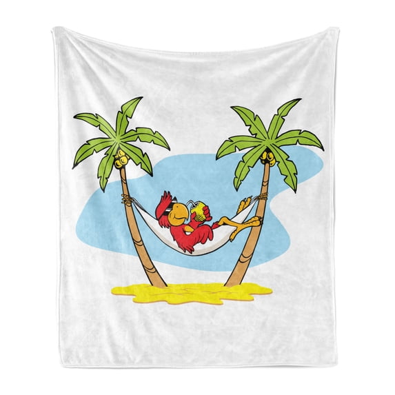 Beach Soft Flannel Fleece Throw Blanket, Funny Illustration Parrot Lying down in Hammock Between Palm Tree Shade in Tropics, Cozy Plush for Indoor and Outdoor Use, 50" x 60", Multicolor, by Ambesonne