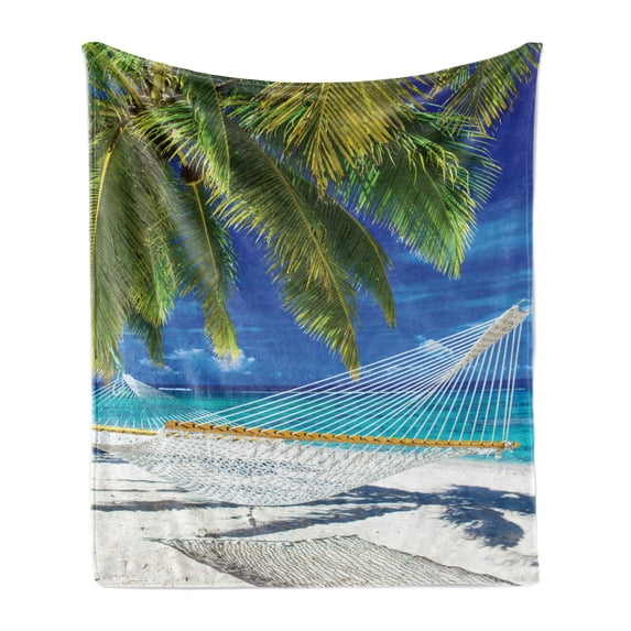 Beach Soft Flannel Fleece Throw Blanket, Hammock on the Sandy Beach Between Palm Coconut Overlooking Sea Nature Art, Cozy Plush for Indoor and Outdoor Use, 50" x 60", Cream Navy Green, by Ambesonne