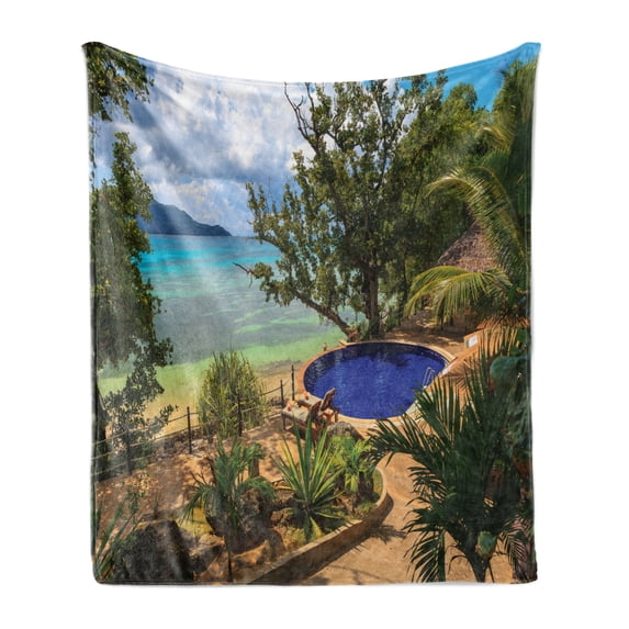 Beach Soft Flannel Fleece Throw Blanket, Holiday in Seychelles Theme Exotic Beach Pool Summer Vacation Greenery, Cozy Plush for Indoor and Outdoor Use, 60" x 80", Green Blue Pale Brown, by Ambesonne