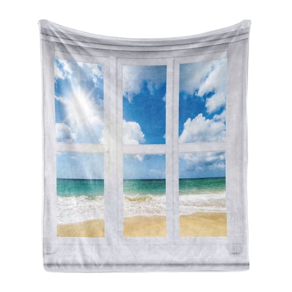 Beach Soft Flannel Fleece Throw Blanket, Beach House Window Overlooking Ocean View Sunshine and Sandy Cloudscape, Cozy Plush for Indoor and Outdoor Use, 70" x 90", Blue Teal Sand Brown, by Ambesonne