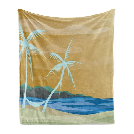 Beach Soft Flannel Fleece Throw Blanket, Illustration of Hammock in the Tropical Sandy Beach with Exotic Color Ocean Print, Cozy Plush for Indoor and Outdoor Use, 70" x 90", Navy Cream, by Ambesonne