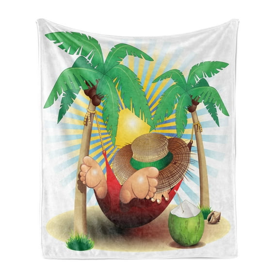 Beach Soft Flannel Fleece Throw Blanket, Illustration Relax Exotic Summer Holidays on Hammock Theme Hot Paradise Lands, Cozy Plush for Indoor and Outdoor Use, 60" x 80", Multicolor, by Ambesonne