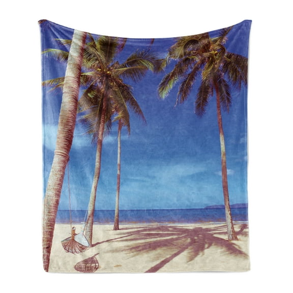 Beach Soft Flannel Fleece Throw Blanket, Image of an Hammock at Summer Tropical Coast by the Ocean Palms Surreal, Cozy Plush for Indoor and Outdoor Use, 50" x 60", Navy Cream Green, by Ambesonne