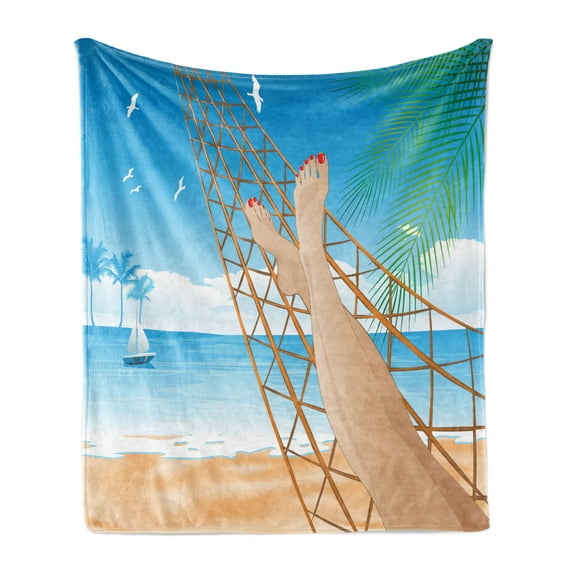 Beach Soft Flannel Fleece Throw Blanket, Legs of the Lady Laying in the Hammock Toward the Ocean in Hawaiian Tropical, Cozy Plush for Indoor and Outdoor Use, 50" x 60", Cream and Blue, by Ambesonne