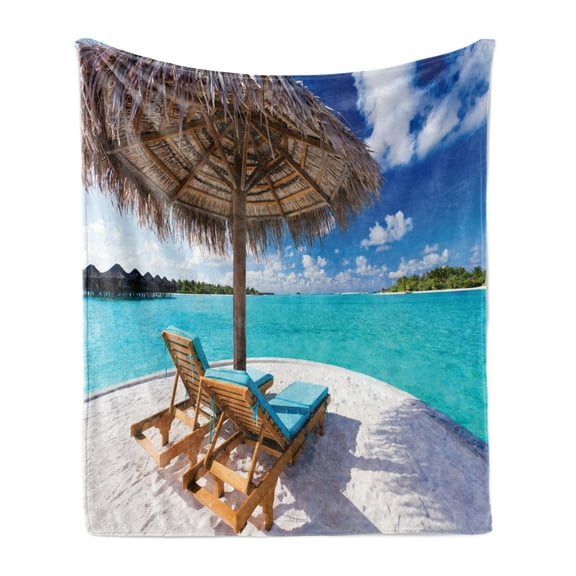 Beach Soft Flannel Fleece Throw Blanket, Maldives Scenic Seaside View Sunbeds Under Umbrella Romantic Honeymoon Theme, Cozy Plush for Indoor and Outdoor Use, 70" x 90", Brown Aqua White, by Ambesonne