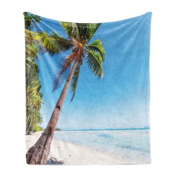 Beach Soft Flannel Fleece Throw Blanket, Marine Theme Exotic Palm Trees in Tropical Seashore Natural Art, Cozy Plush for Indoor and Outdoor Use, 50" x 70", Deep Sky Blue Olive Green, by Ambesonne