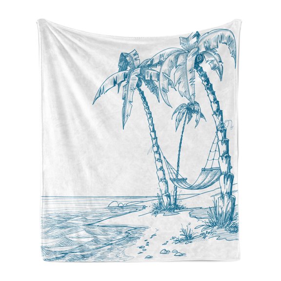 Beach Soft Flannel Fleece Throw Blanket, Modern Illustration of a Tropical Sand Palm Trees and Hammock Hawaiian Relax, Cozy Plush for Indoor and Outdoor Use, 50" x 70", Blue White, by Ambesonne