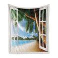 thumbnail image 1 of Beach Soft Flannel Fleece Throw Blanket, Nautical Theme Window View of Palm Trees on Sand Beach Photo Landscape Image, Cozy Plush for Indoor and Outdoor Use, 70" x 90", Green Ivory Blue, by Ambesonne, 1 of 5
