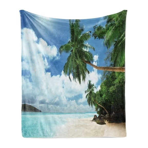 Beach Soft Flannel Fleece Throw Blanket, Palm Leaves Island Ocean Clear Water Exotic Jungle Lagoon Travel Theme Image, Cozy Plush for Indoor and Outdoor Use, 60" x 80", Green Blue Aqua, by Ambesonne