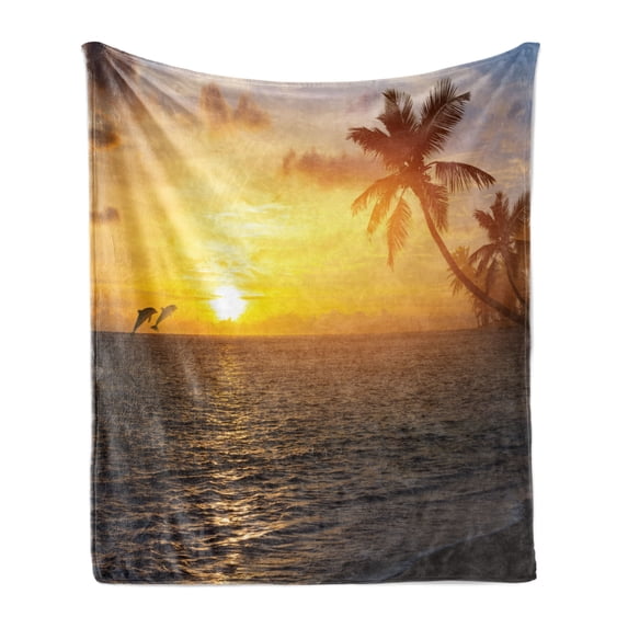 Beach Soft Flannel Fleece Throw Blanket, Palm Trees in Tropical Island Beach Jumping Fishes and Majestic Sunset Image, Cozy Plush for Indoor and Outdoor Use, 50" x 60", Yellow Bluegrey, by Ambesonne