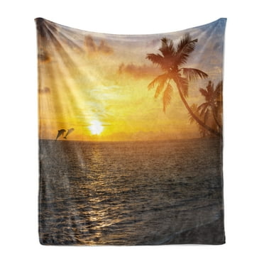 Beach Soft Flannel Fleece Throw Blanket, Palm Trees in Tropical Island Beach Jumping Fishes and Majestic Sunset Image, Cozy Plush for Indoor and Outdoor Use, 50" x 70", Yellow Bluegrey, by Ambesonne