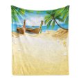 thumbnail image 1 of Beach Soft Flannel Fleece Throw Blanket, Paradise Island Coconut Tree and Boats Tropical Coastline Relaxation Environment, Cozy Plush for Indoor and Outdoor Use, 60" x 80", Multicolor, by Ambesonne, 1 of 5