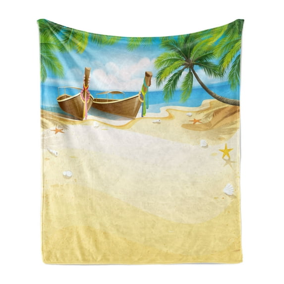 Beach Soft Flannel Fleece Throw Blanket, Paradise Island Coconut Tree and Boats Tropical Coastline Relaxation Environment, Cozy Plush for Indoor and Outdoor Use, 60" x 80", Multicolor, by Ambesonne