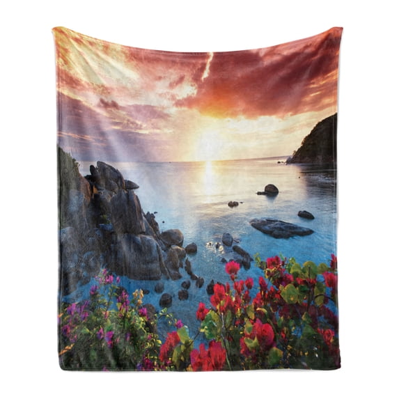 Beach Soft Flannel Fleece Throw Blanket, Poppy and Carnation Blossoms Spring Season Seascape Tranquil Thailand Beach Image, Cozy Plush for Indoor and Outdoor Use, 50" x 60", Multicolor, by Ambesonne
