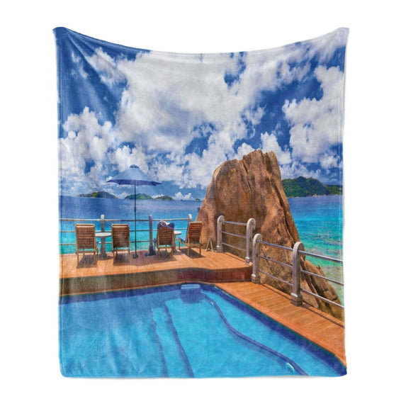 Beach Soft Flannel Fleece Throw Blanket, Relaxation Journey Vacation Holiday Resort Rock and Ocean Picture Print, Cozy Plush for Indoor and Outdoor Use, 70" x 90", Pale Brown Blue White, by Ambesonne