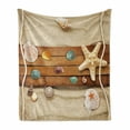 thumbnail image 1 of Beach Soft Flannel Fleece Throw Blanket, Rustic Board Seashells on Sand Colorful Composition with Summer Season Elements, Cozy Plush for Indoor and Outdoor Use, 50" x 60", Multicolor, by Ambesonne, 1 of 6