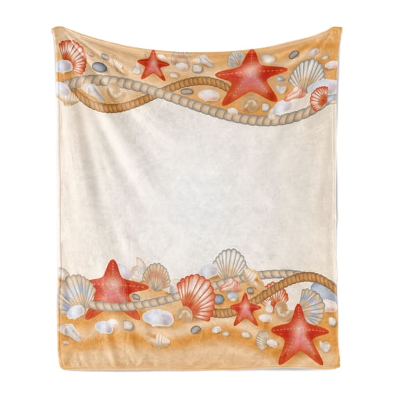 Beach Soft Flannel Fleece Throw Blanket, Sand Seashells Starfish and Ropes Marine Inspirations Abstract Coast, Cozy Plush for Indoor and Outdoor Use, 50" x 70", Pale Orange Vermilion, by Ambesonne