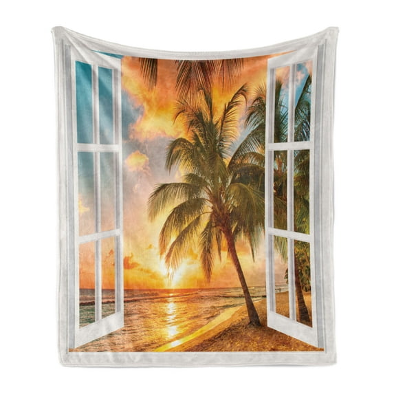 Beach Soft Flannel Fleece Throw Blanket, Sea Ocean Palm Tree Sunset Scenery House Wooden Windows of Art Pictures, Cozy Plush for Indoor and Outdoor Use, 60" x 80", Multicolor, by Ambesonne