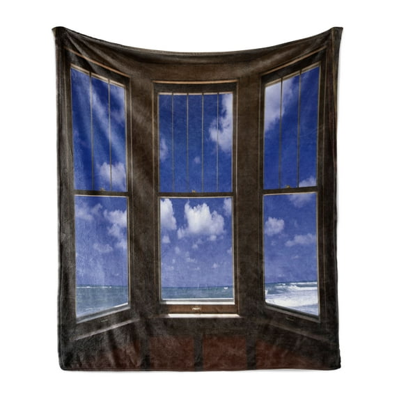 Beach Soft Flannel Fleece Throw Blanket, Sea Ocean Scenery Waves View from Summer House Window Image Art, Cozy Plush for Indoor and Outdoor Use, 50" x 60", Dark Brown Navy Blue, by Ambesonne