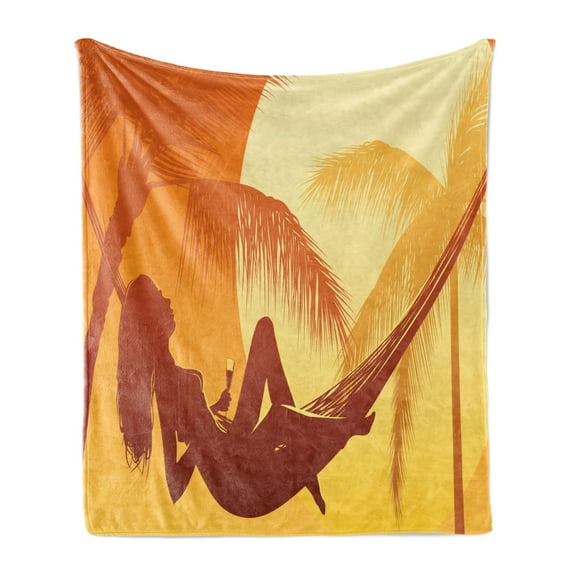 Beach Soft Flannel Fleece Throw Blanket, Silhouette of a Woman Lying in a Hammock at Majestic Sunset View Dream Print, Cozy Plush for Indoor and Outdoor Use, 50" x 60", Burnt Orange, by Ambesonne