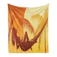 thumbnail image 1 of Beach Soft Flannel Fleece Throw Blanket, Silhouette of a Woman Lying in a Hammock at Majestic Sunset View Dream Print, Cozy Plush for Indoor and Outdoor Use, 60" x 80", Burnt Orange, by Ambesonne, 1 of 5