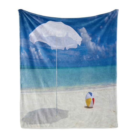 Beach Soft Flannel Fleece Throw Blanket, Summer Season Vibes Seashore Ocean View Sunny Ball Waves Sands Artwork, Cozy Plush for Indoor and Outdoor Use, 50" x 60", White Cream Blue, by Ambesonne