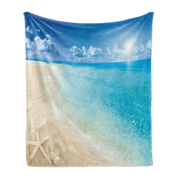 Beach Soft Flannel Fleece Throw Blanket, Sunny Summer Seashore Clear Sky Seashells Starfish Clouds Aquatic Picture, Cozy Plush for Indoor and Outdoor Use, 60" x 80", Aqua Cream Blue, by Ambesonne