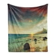 thumbnail image 1 of Beach Soft Flannel Fleece Throw Blanket, Sunrise over the Sea Tropical Water Summer Rock and Dramatic Sky Nature, Cozy Plush for Indoor and Outdoor Use, 50" x 60", Blue Cream, by Ambesonne, 1 of 6