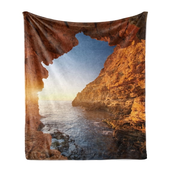 Beach Soft Flannel Fleece Throw Blanket, Sunset in Pacific Paradise Ocean Cave with Morning Horizon Stone Calm Seacoast Art, Cozy Plush for Indoor and Outdoor Use, 60" x 80", Cream Blue, by Ambesonne