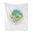 thumbnail image 1 of Beach Soft Flannel Fleece Throw Blanket, Torn Paper Effect Tropical Beach with Ocean Umbrellas Palm and Coconut Trees Print, Cozy Plush for Indoor and Outdoor Use, 50" x 70", Multicolor, by Ambesonne, 1 of 5