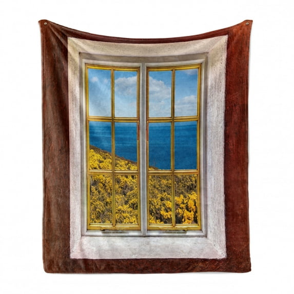 Beach Soft Flannel Fleece Throw Blanket, Tropical Beach Scenery from Hotel Room Vacation Journey Relaxation Holiday, Cozy Plush for Indoor and Outdoor Use, 50" x 70", Cream Blue White, by Ambesonne